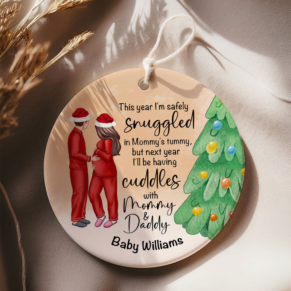 Bump Christmas, Pregnant Couple Ornament, Snuggled in Mommy's Tummy, Personalized Circle Ceramic Ornament