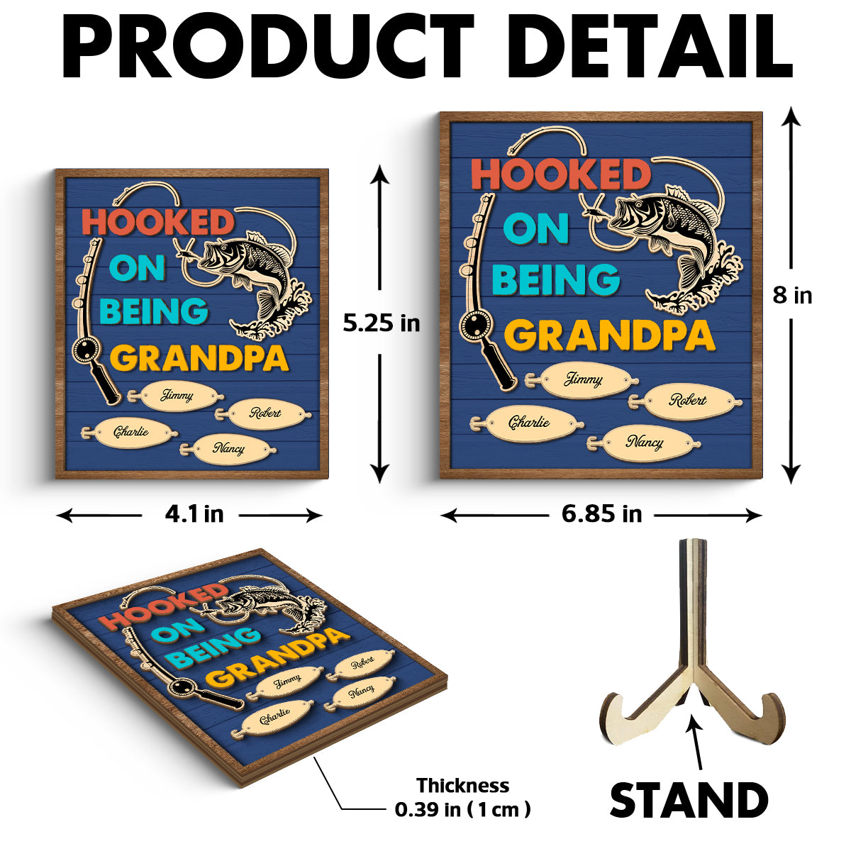 Hooked On Being Grandpa Fishing Personalized 2-Layer Wooden Plaque