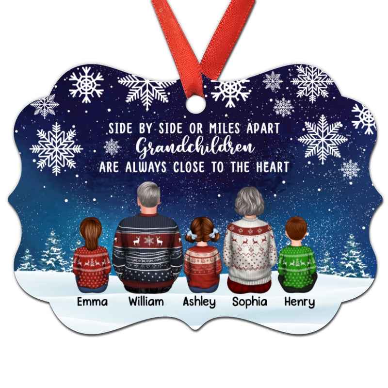 Grandma Grandpa Grandkids Side By Side Snow Background Personalized Christmas Ornament