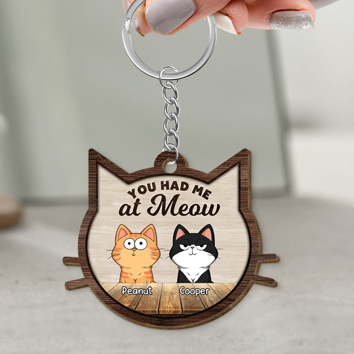 Cat Face Shaped Funny Cat Expressions Personalized Wooden Keychain
