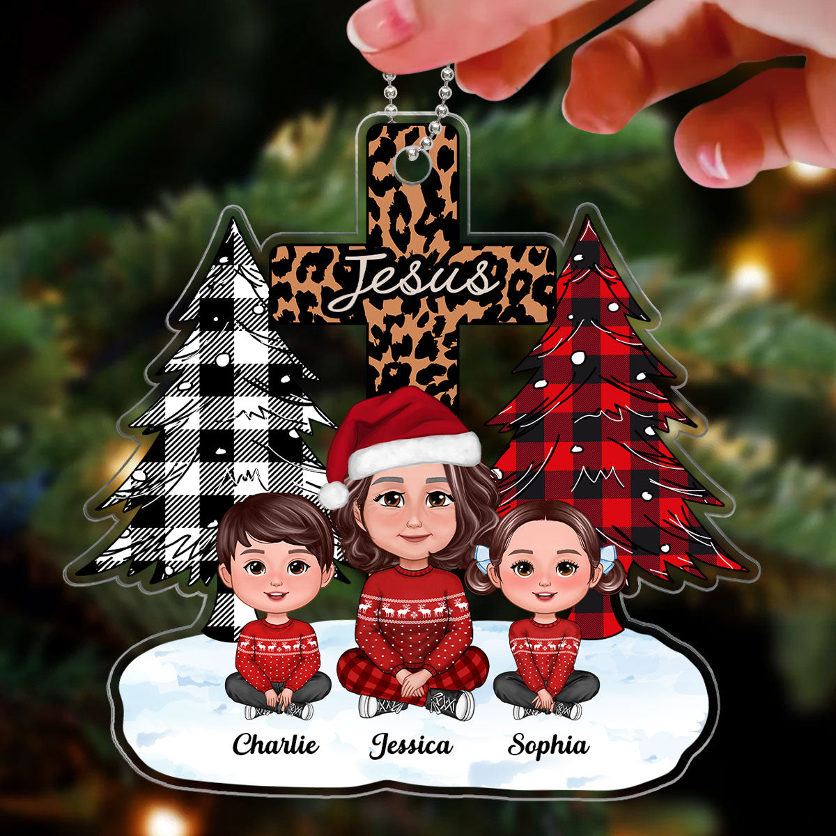 Christmas Tree & Cross Cute Grandma & Grandkids Sitting Personalized Acrylic Ornament