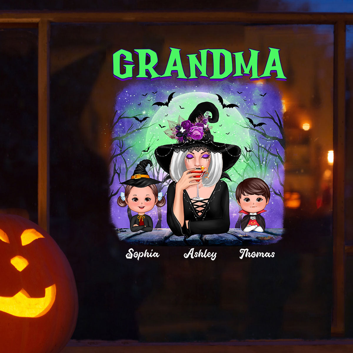 Green And Purple Halloween Grandma Witch Personalized Decal, Halloween Decor