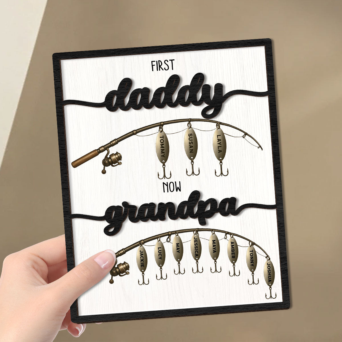 First Dad Now Grandpa Fishing Lures With Kids' Names Personalized 2-Layered Wooden Plaque, Father's Day Gift For Husband, For Dad, For Grandpa