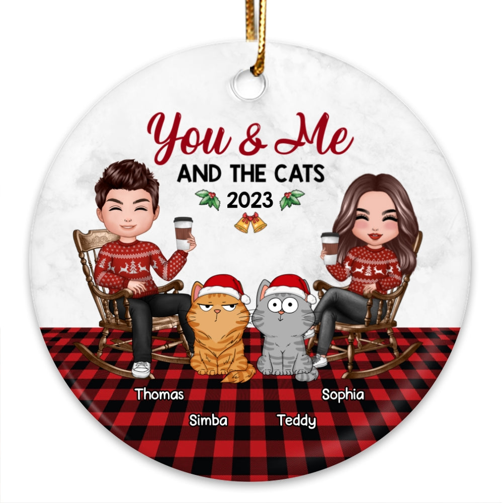 You Me & The Cats Doll Couple Checkered Pattern Personalized Circle Ornament