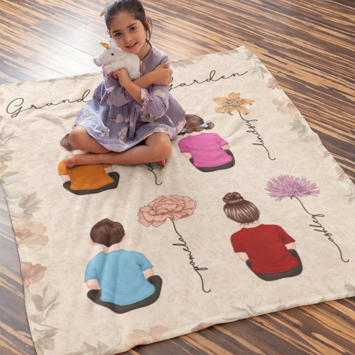 Grandkids Sitting Grandma Garden Vintage Birth Month Flowers Personalized Fleece Blanket