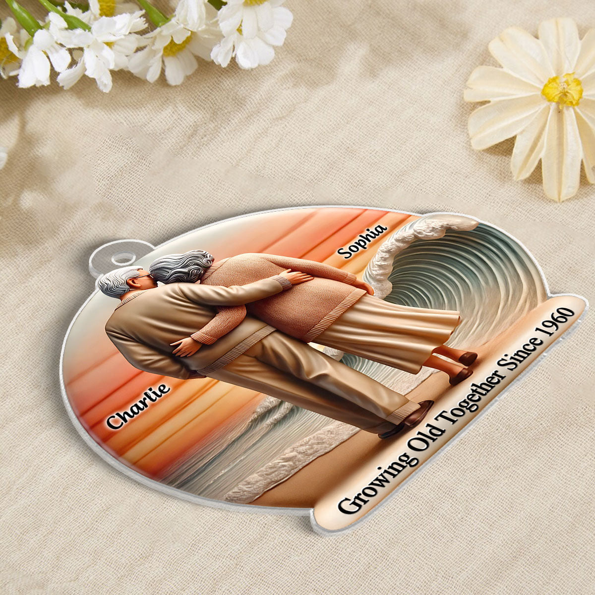 3D Effect Old Couple Walking Sunset Beach Landscape Personalized Car Hanger Ornament, Heartfelt Gift For Couple, For Him, For Her, Husband, Wife