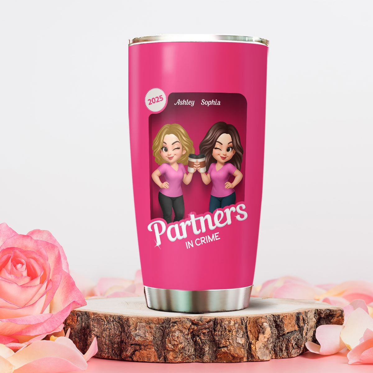 Besties Partner In Crime Pink 3D Effect Action Figure - Personalized Tumbler