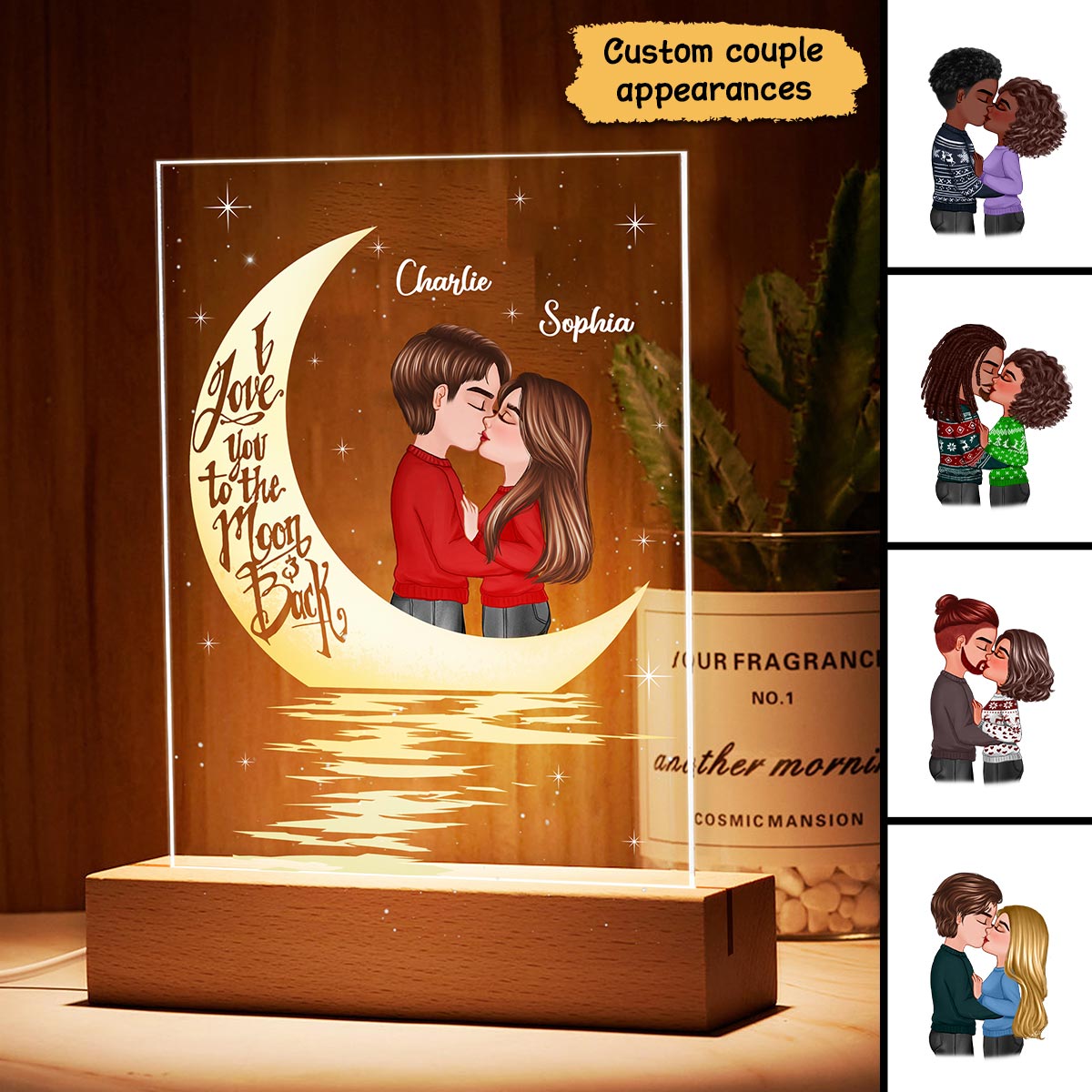 Couple Kissing In The Moonlight Personalized Plaque LED Night Light, Acrylic LED Lamp - Valentine‘s Day Gift For Him, For Her