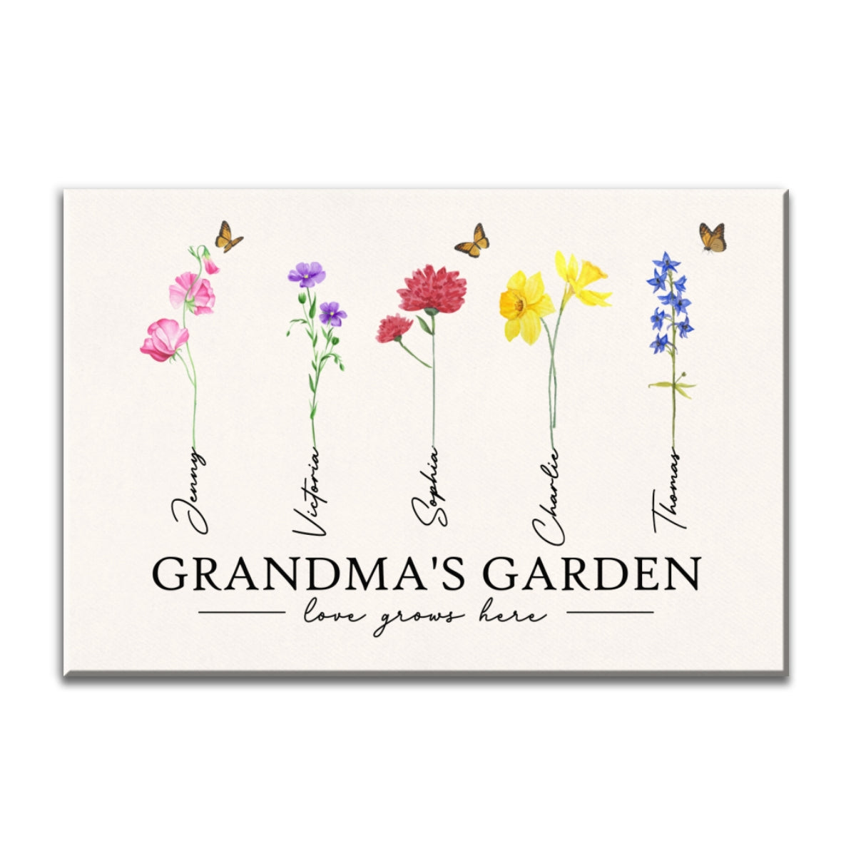 Grandma‘s Garden Love Grows Here Watercolor Birth Month Flower Gift For Grandma Mom Personalized Canvas Print