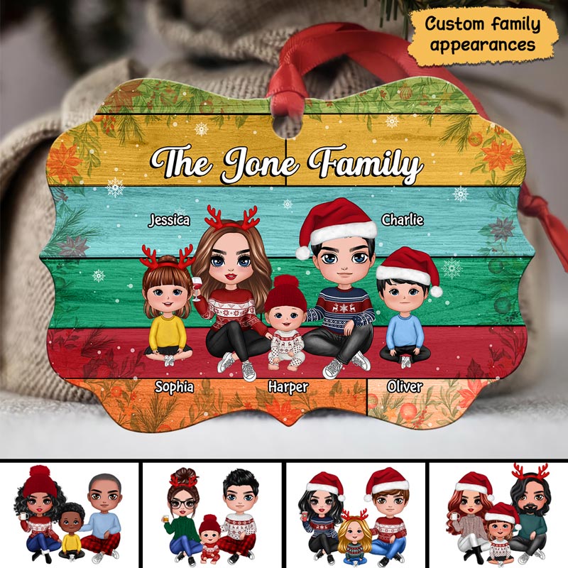 Family Sitting Colorful Plank Personalized Christmas Ornament