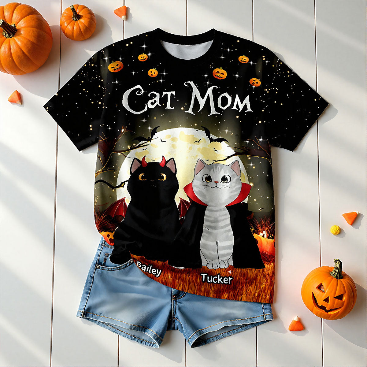 Spooky Cats In Halloween Moon Light Personalized Shirt, Halloween Costume For Cat Lover
