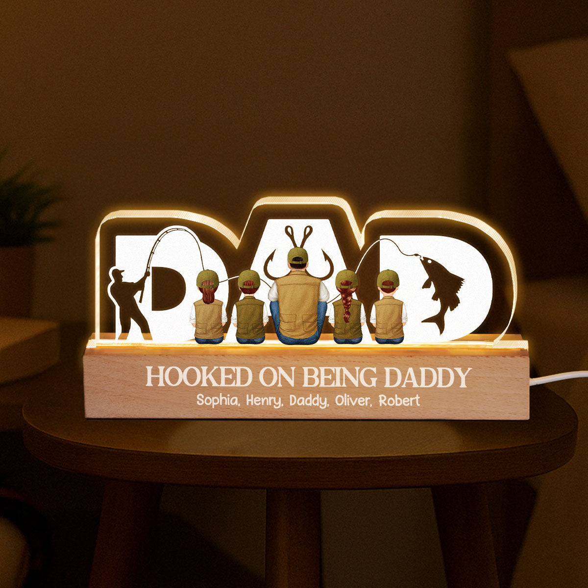 Fishing Dad Grandpa And Kids Back View Personalized Acrylic LED Night Light, Father's Day Gift for Dad, Gift for Husband