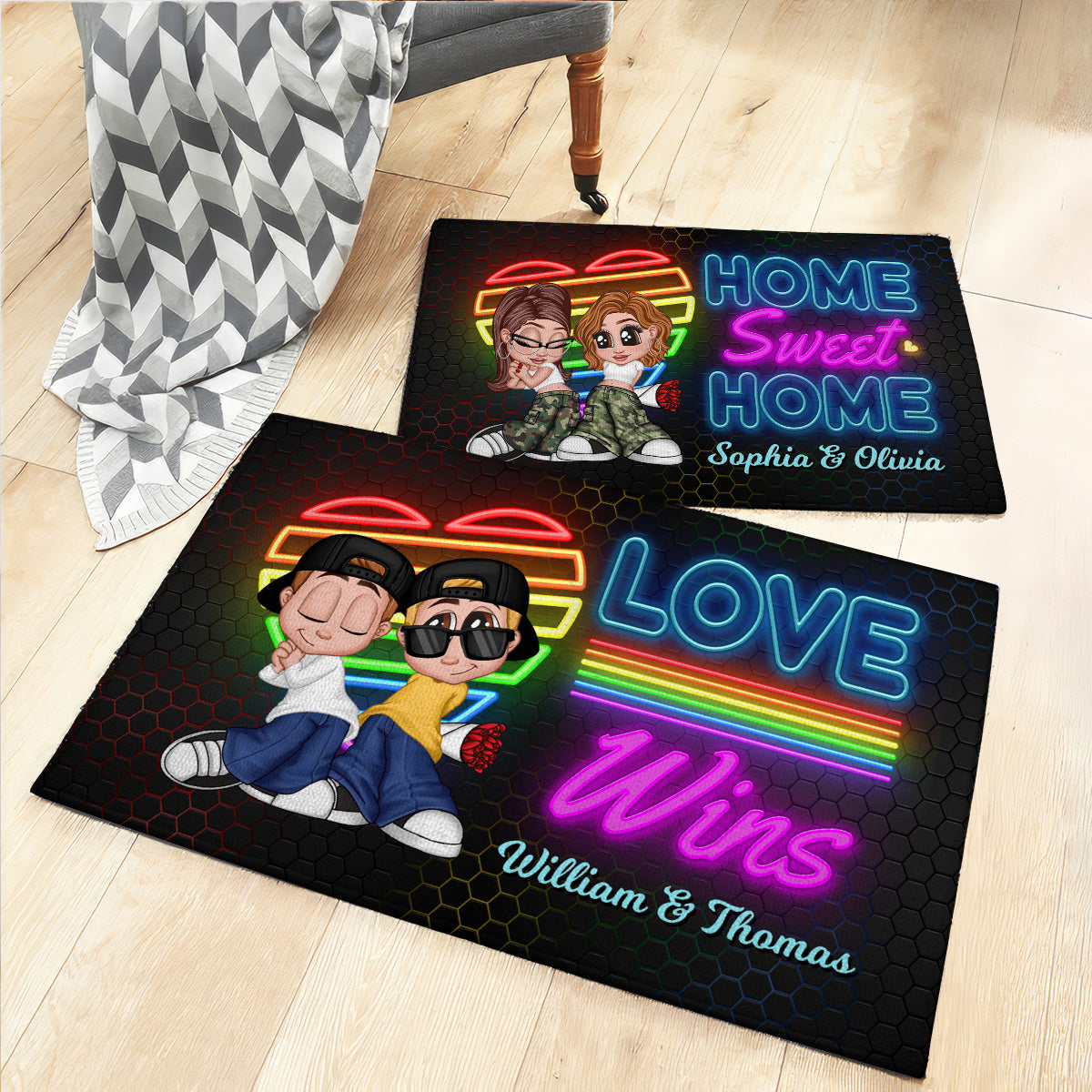 Home Sweet Home Love Wins Y2K Couple Neon Theme Personalized Doormat