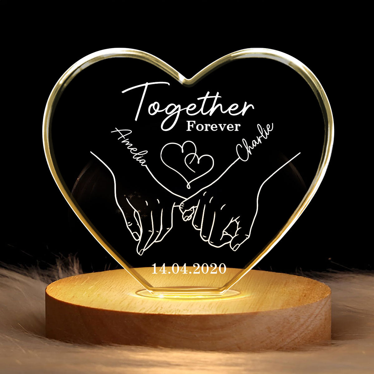 Couple Holding Hands Outline Personalized Premium Crystal Heart LED, Valentines Day Gift, Anniversary Gift for Him, for Her