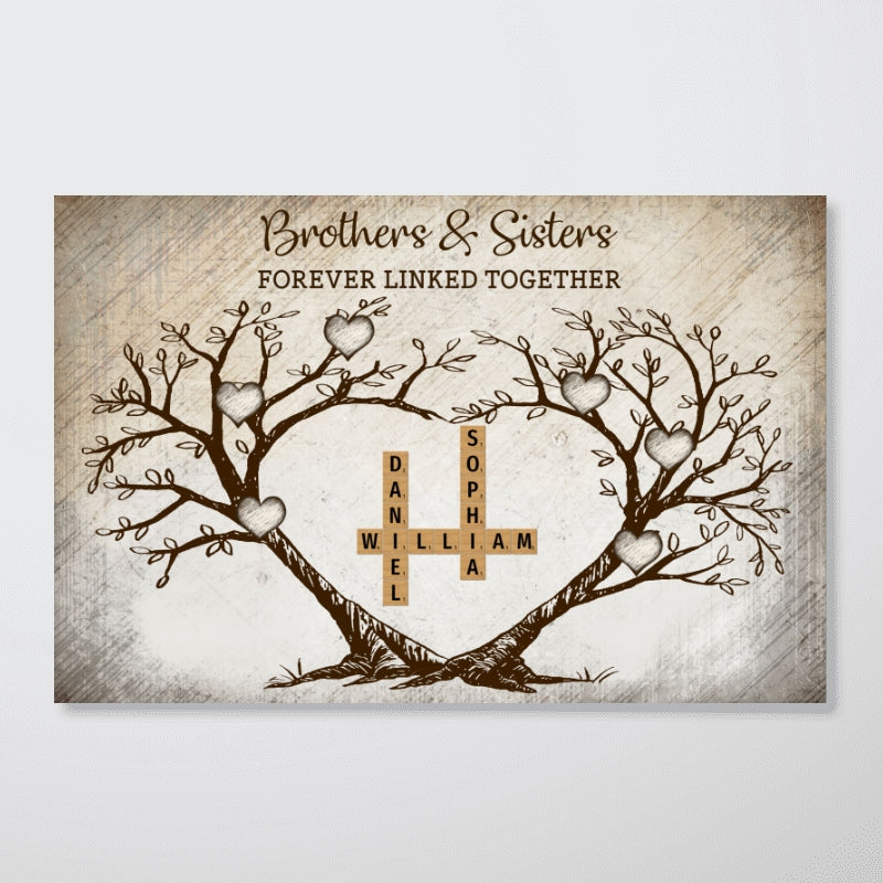 Brothers & Sisters Forever Linked Together Heart Tree Puzzle Crossword Art Personalized Poster, Gift For Brothers, Sisters, Siblings