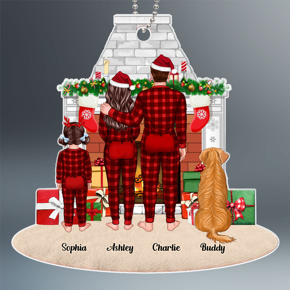 Pajamas Family Standing Fireplace Christmas Personalized Acrylic Ornament