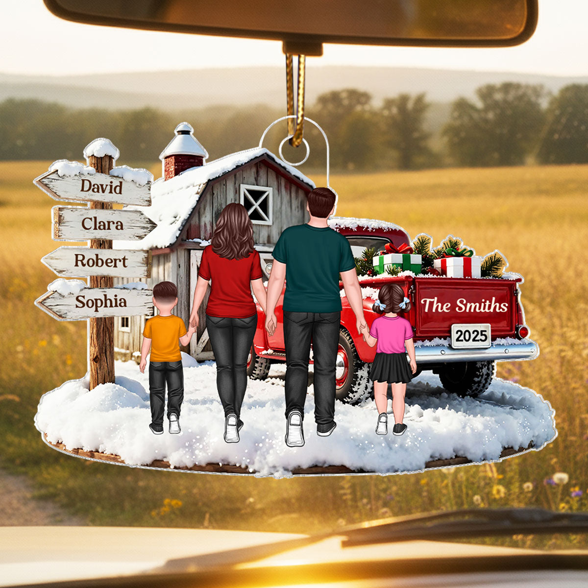 Christmas Truck Barn House Family Sign Post - Personalized Acrylic Ornament - Christmas Gift For Family