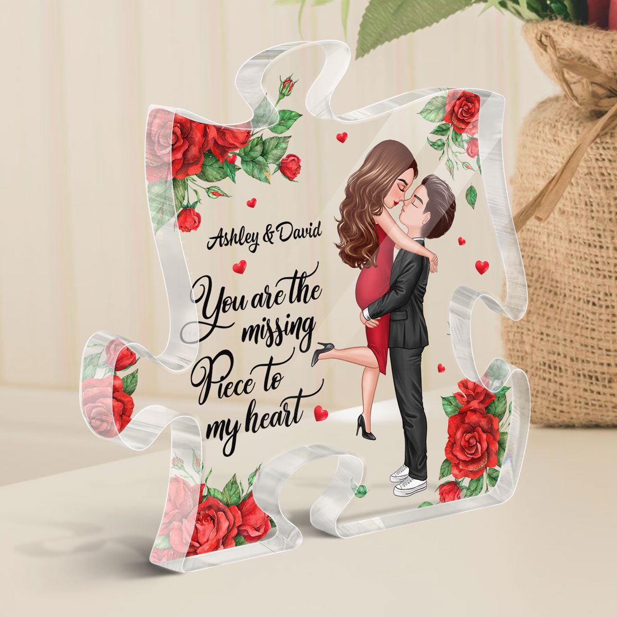 The Missing Piece To My Heart Kissing Couple Rose Pattern Personalized Puzzle Acrylic Plaque - Anniversary Gift For Couple - Gift For Him Gift For Her