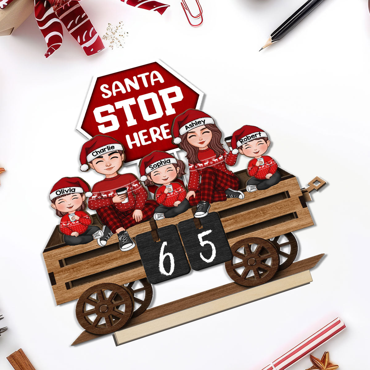 Christmas Wagon Santa Stop Here Family Sitting Personalized 2-Layer Standing Wooden Plaque