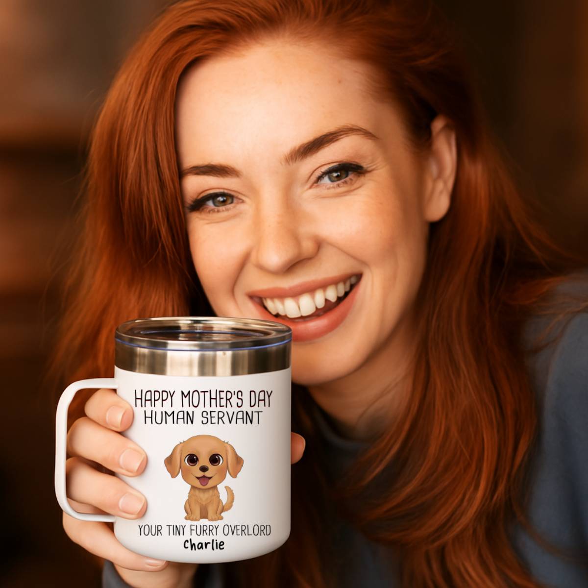 Happy Mother's Day Human Servant - Personalized Tumbler With Handle - Funny Gift For Dog Lovers