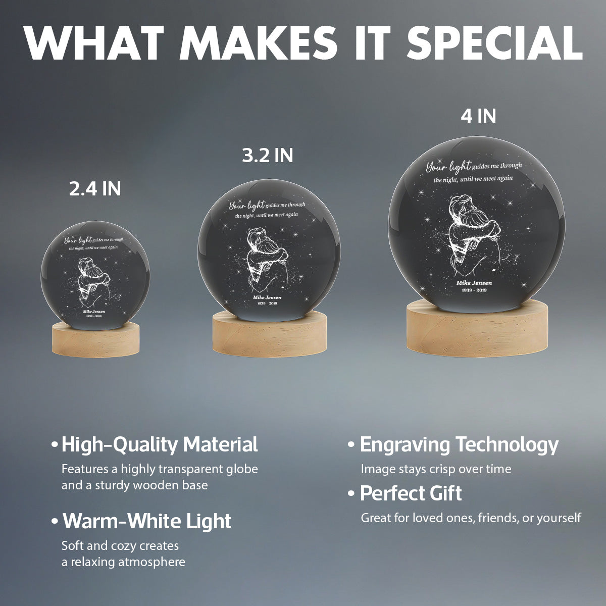 A Piece Of My Heart Lives in Heaven Couple Hugging - Personalized Crystal Ball LED Night Light - Memorial Remembrance Keepsake