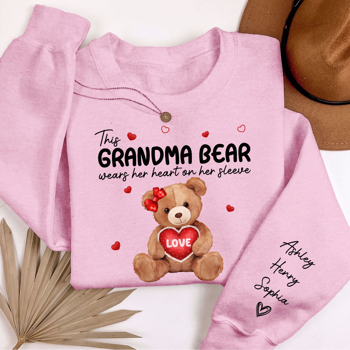 Grandma Mom Auntie Bear Wears Her Heart On Her Sleeve Personalized Sleeve Printed Sweatshirt