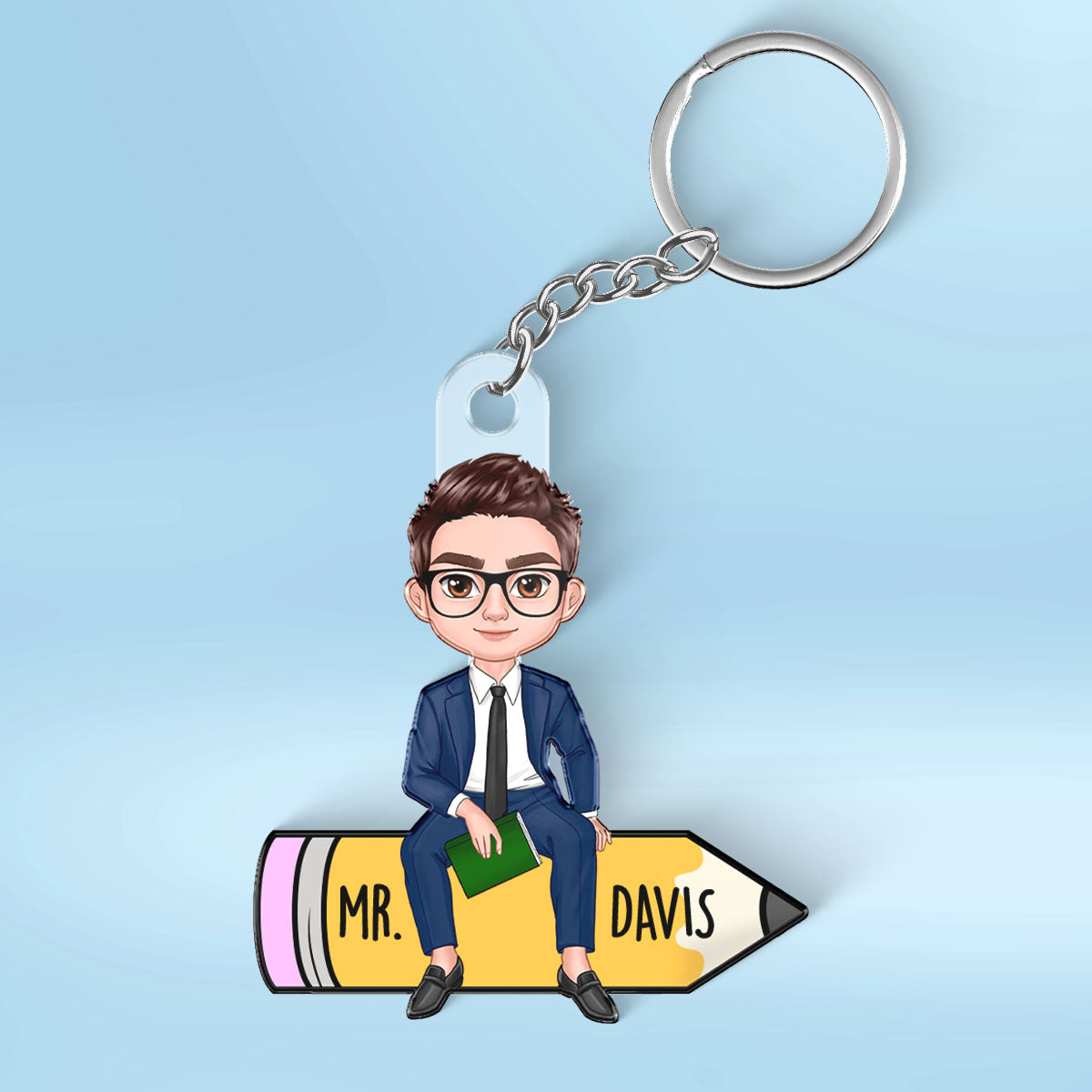 Doll Teacher Sitting On Pencil Personalized Acrylic Keychain, Back To School Gift For Teacher