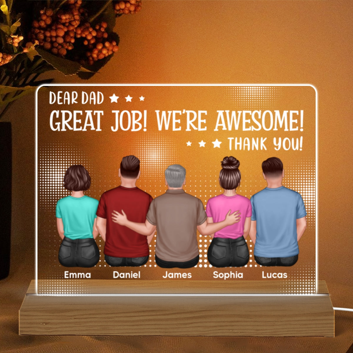 Dear Dad Great Job We‘re Awesome Back View Dad And Daughters Sons Sitting Personalized Custom Shape Acrylic Plaque Warm LED Night Light
