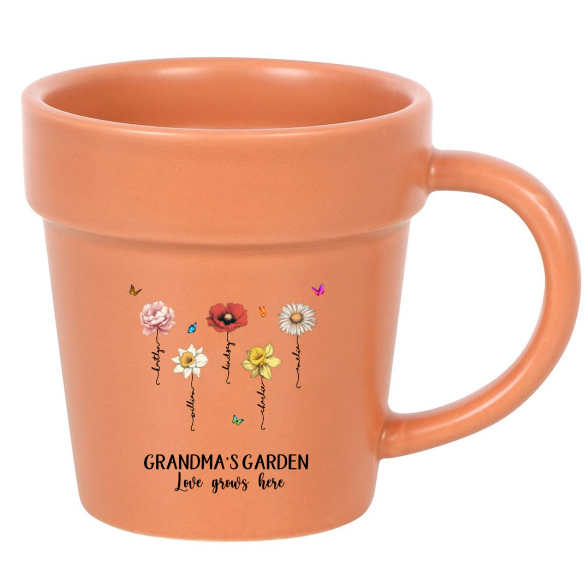 Grandma's Garden Love Grows Here Vintage Birth Month Flower Personalized Plant Pot Ceramic Mug