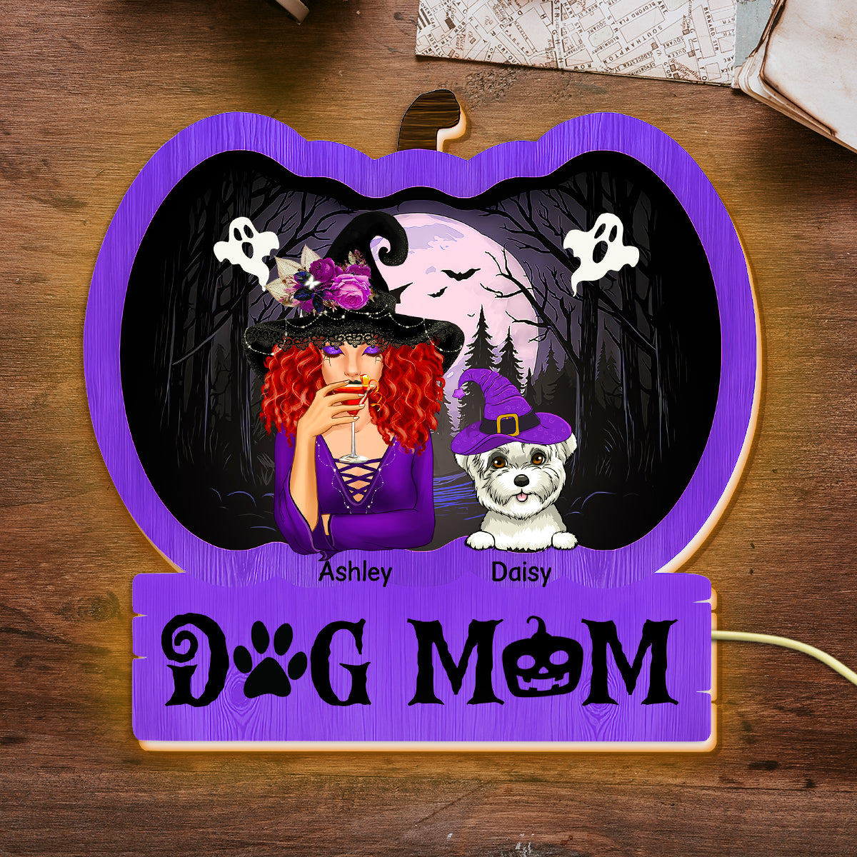 Halloween Dog Mom Personalized Light Box With 7 LED Colors, Spooky Halloween Decoration