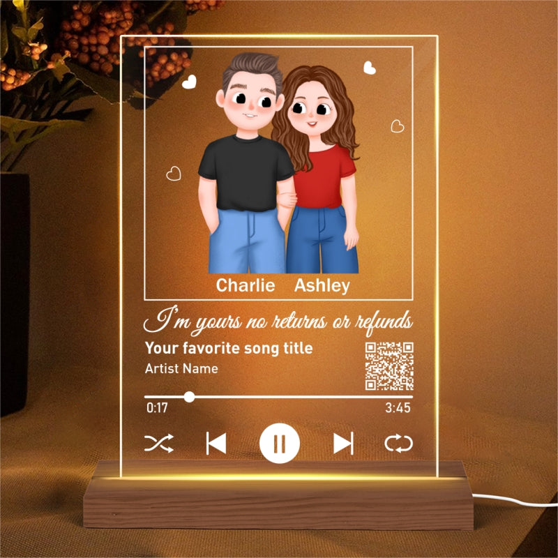 Cute Illustration Couple Favorite Song Scannable QR Code Personalized Rectangle Acrylic Plaque LED Night Light