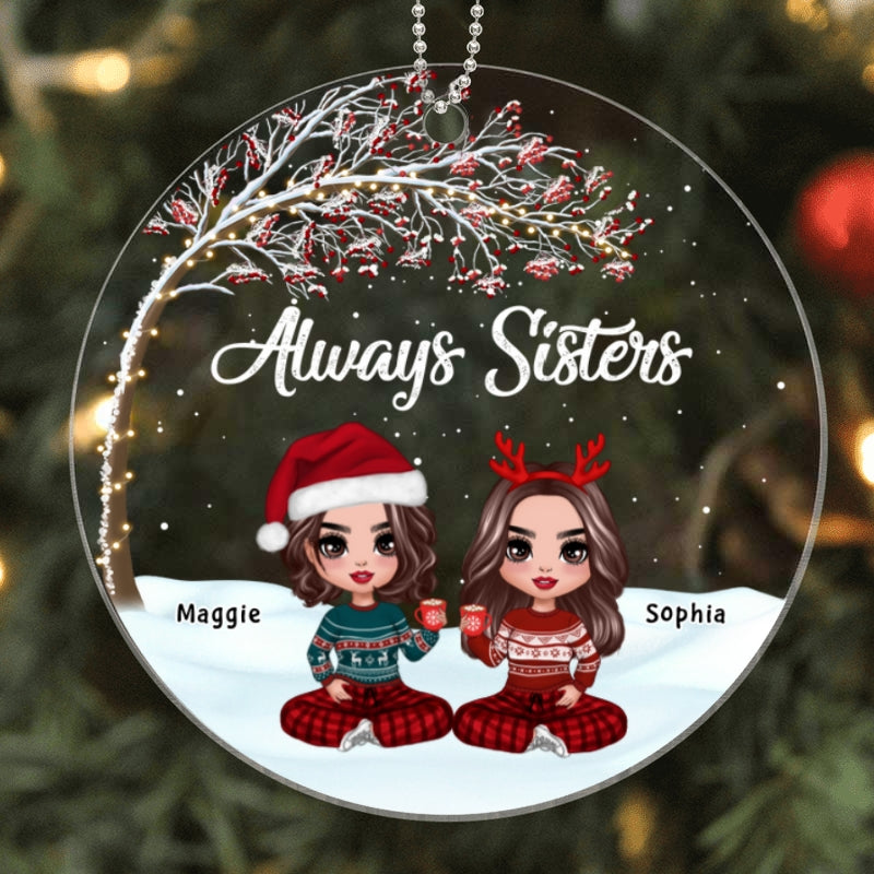 Doll Besties Under Tree In Snow Personalized Acrylic Ornament