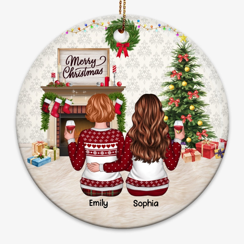 Besties Back View At Fireplace Personalized Circle Ornament