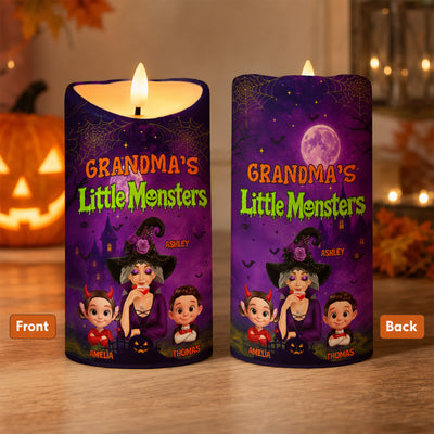 Grandma's Little Monsters Pretty Witch & Kids Purple Theme - Personalized LED Candle - Perfect Halloween Decor for Grandma