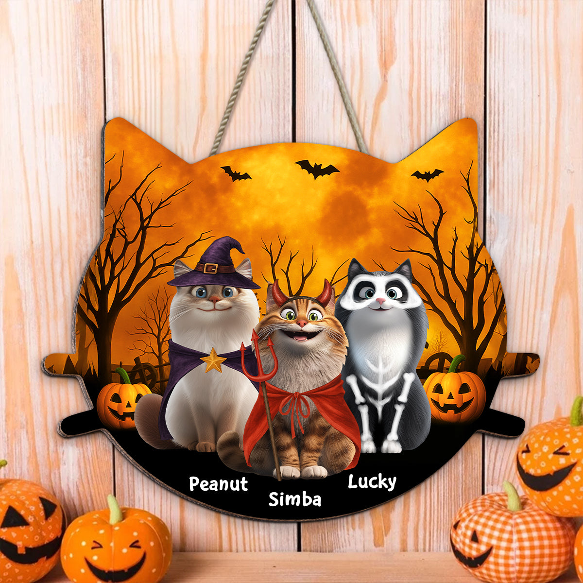 Halloween Cat Face Shaped Personalized Wooden Door Sign, Halloween Decor for Cat Lovers, Cat Moms, Cat Dads