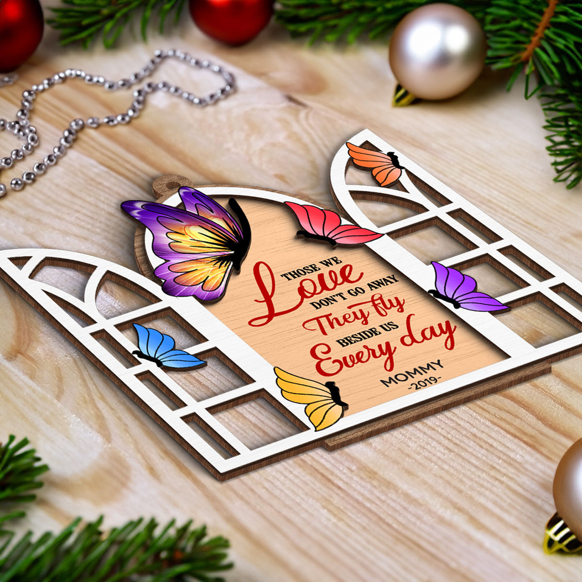 Butterflies Memorial Window Personalized 2-Layer Wooden Ornament, Christmas Gift