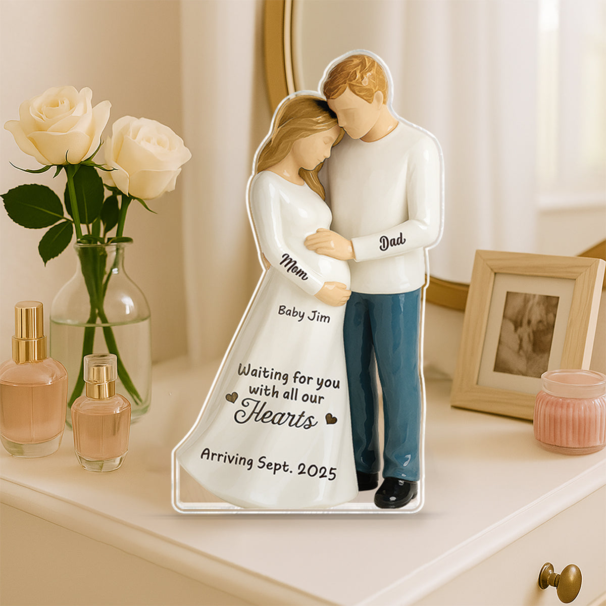 Waiting For You With All Our Hearts 3D Effect Couple Expecting Baby Personalized Acrylic Flat Block Plaque, Baby Shower Gift For Parents-to-be