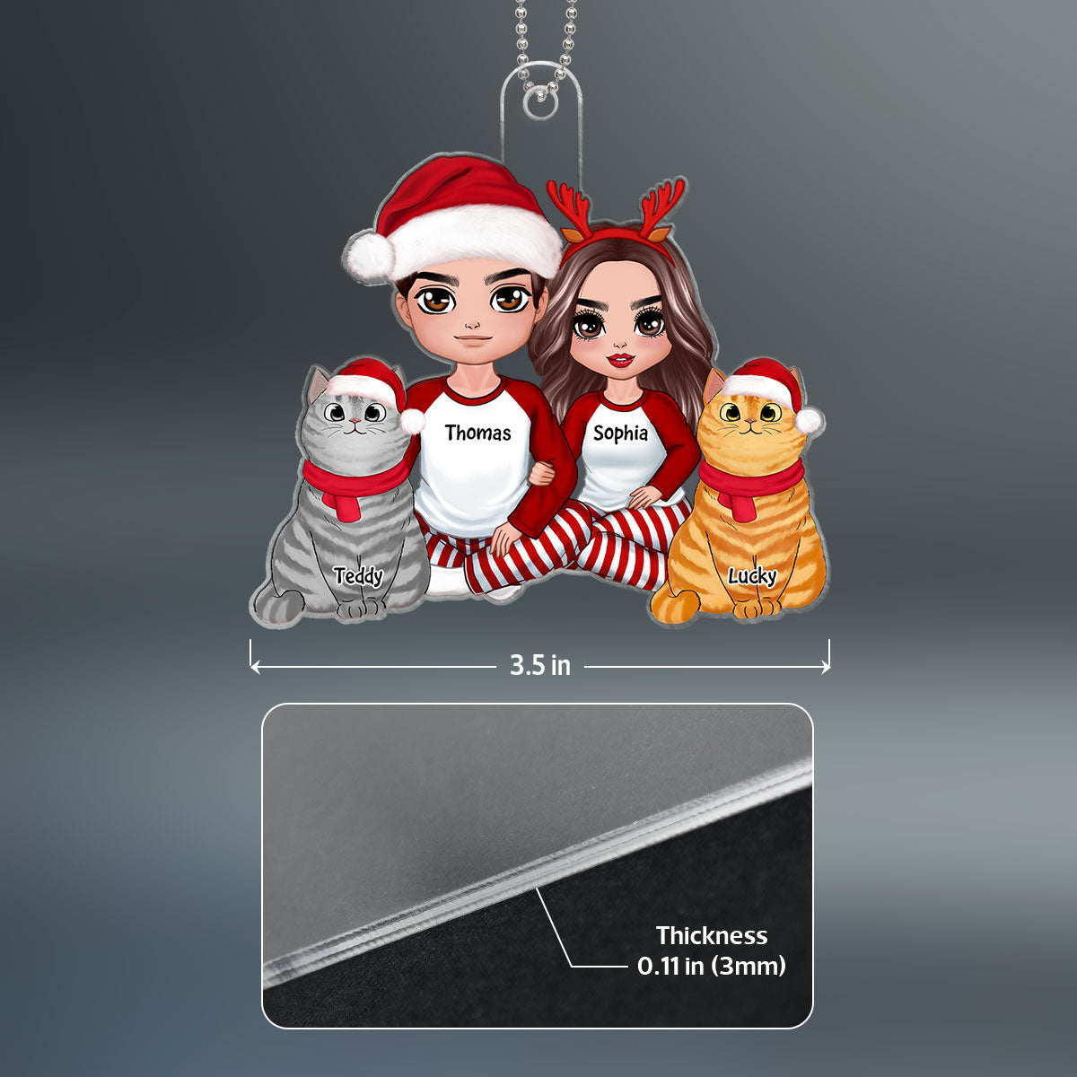 Doll Couple Sitting With Cat Christmas Personalized Acrylic Ornament