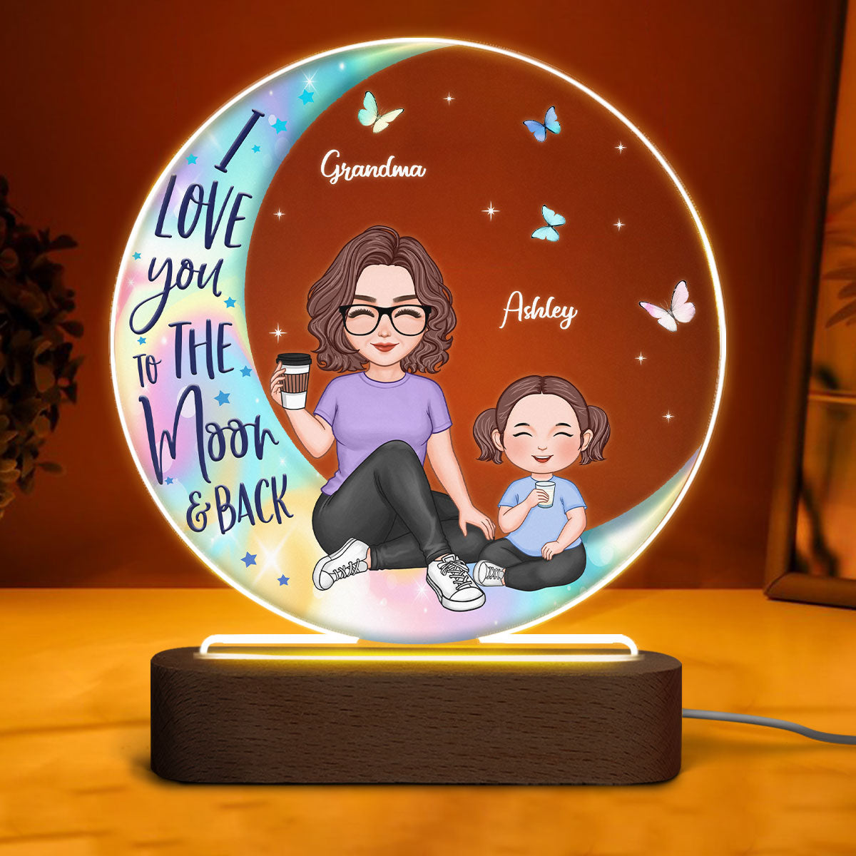 Colorful Cute Grandma & Grandkid Sitting I Love You To The Moon And Back Gift For Granddaughter Grandson Personalized Circle Acrylic Plaque LED Night Light