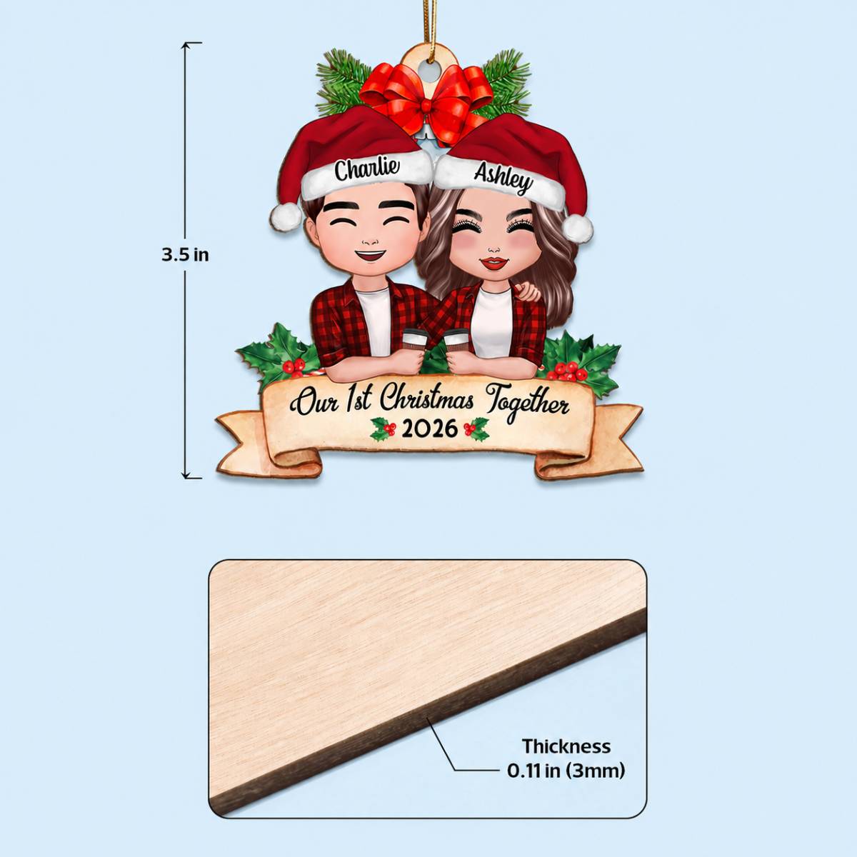 Our First Christmas Couple Holding Drink Personalized Wooden Ornament