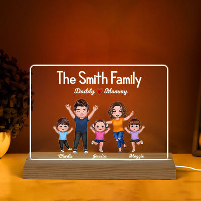 Happy Whole Family Doll Couple Dad Mom Kids Dogs Cats Personalized Warm Custom Shape Acrylic Plaque LED Night Light