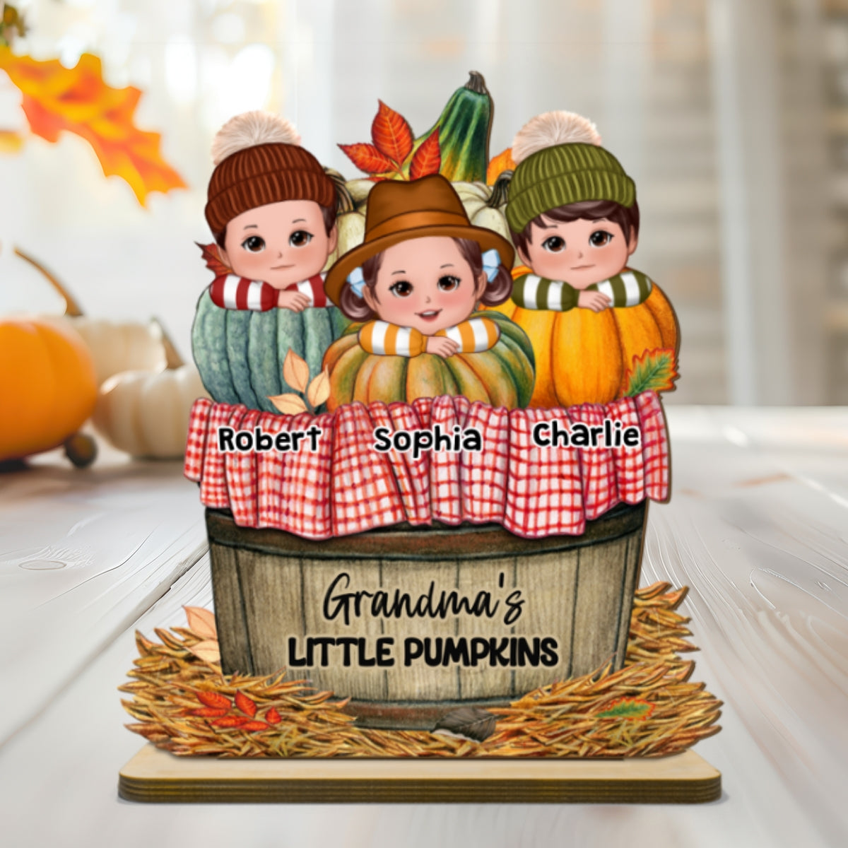 Cute Kids Grandma's Pumpkin Fall Season Personalized 2 Layer Standing Wooden Plaque