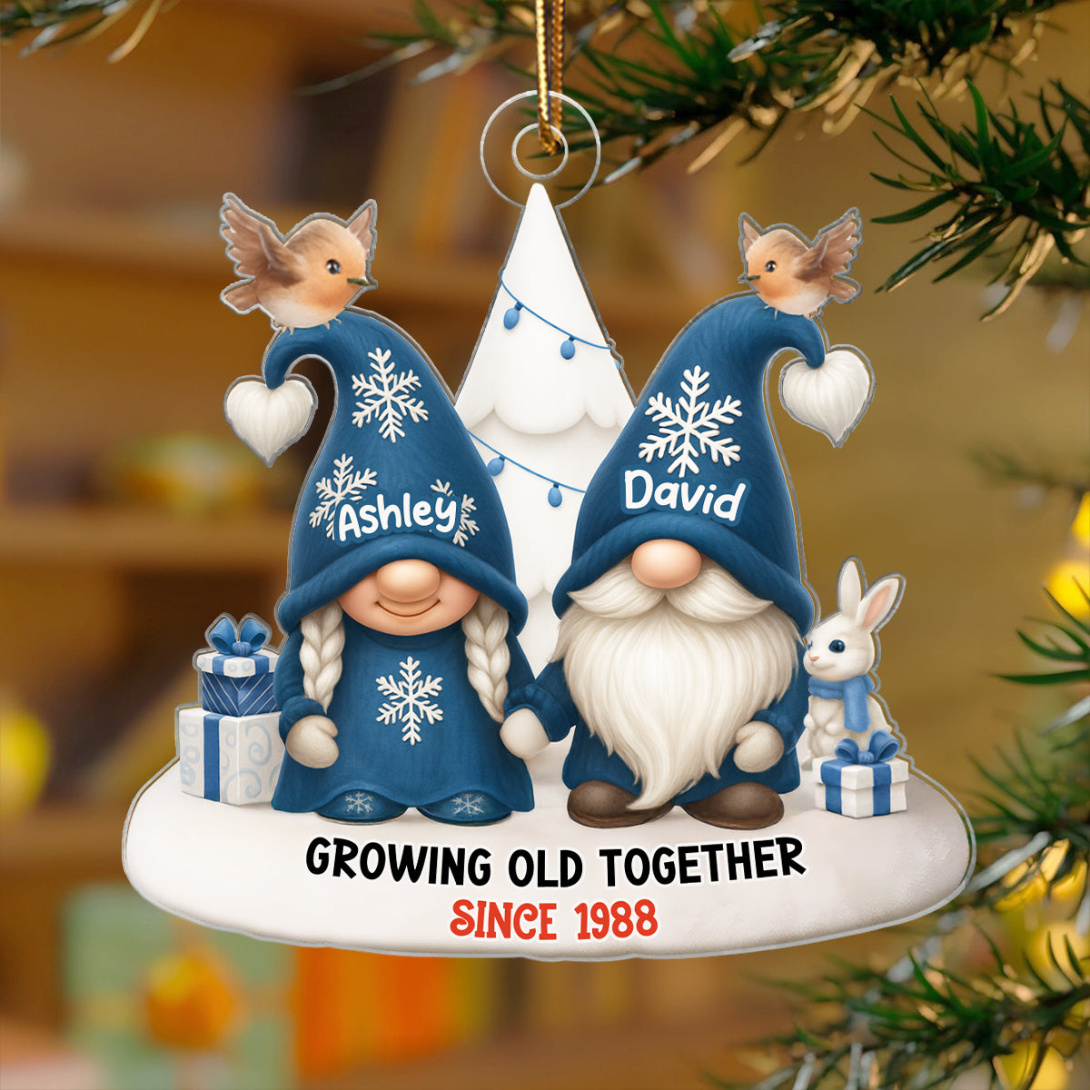 Blue Gnome Christmas Couple Growing Old Together Personalized Acrylic Ornament, Gift for him, Gift for her
