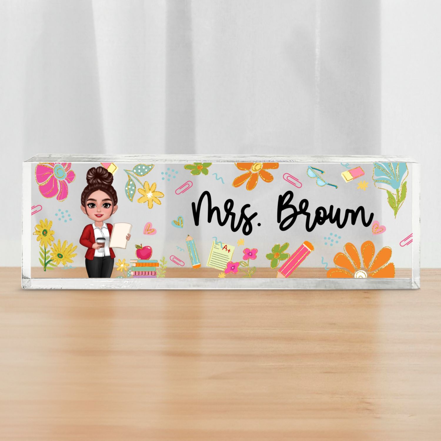 Teacher Floral Pattern Personalized Acrylic Desk Name Plate, Back To School Gift For Teacher