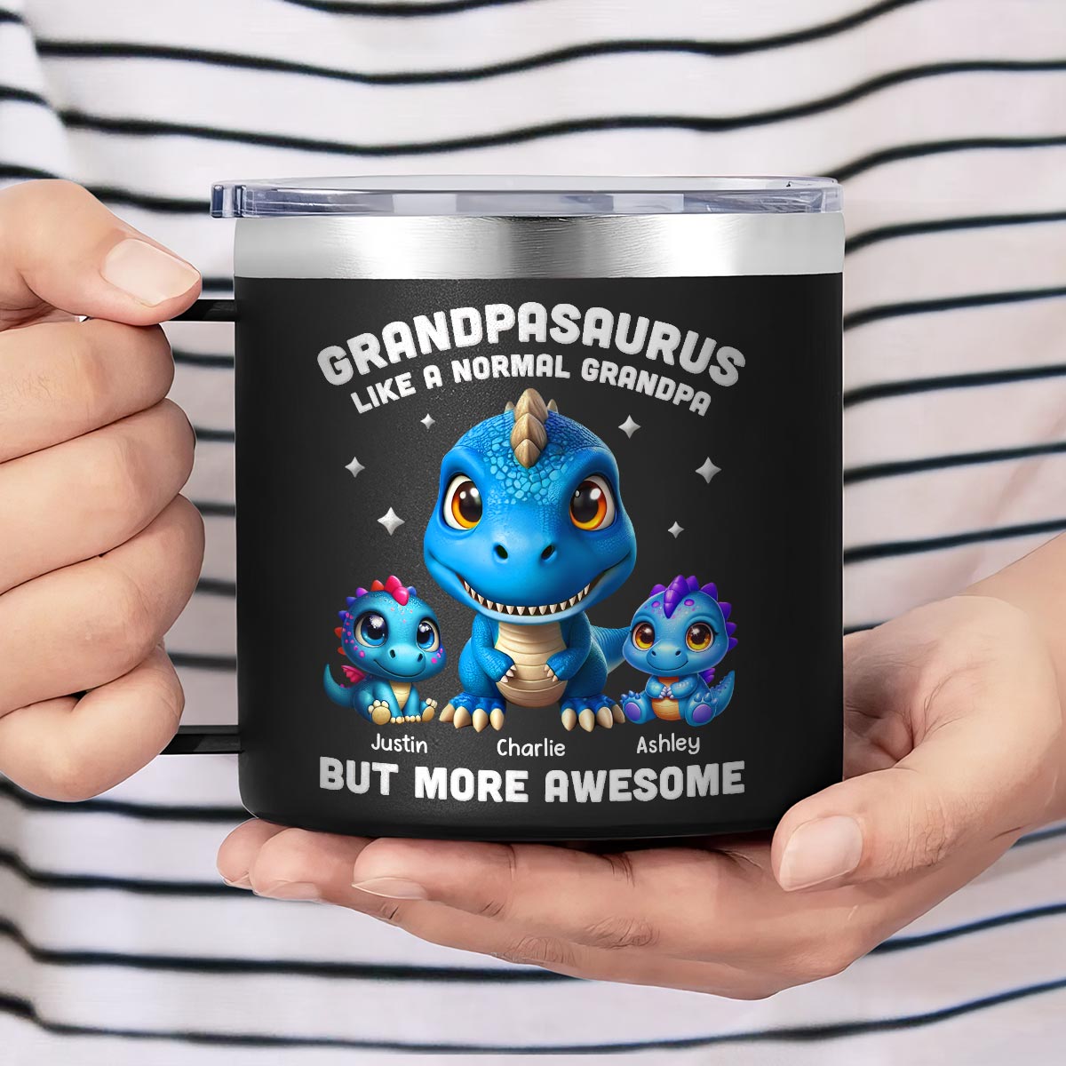 3D Effect Dinosaurs Daddysaurus Grandpasaurus Personalized Stainless Tumbler With Handle, 2025 Father's Day Gift For Grandpa