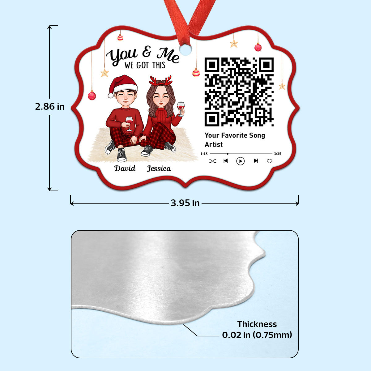 Christmas Couple Sitting Favorite Song Scannable QR Code Personalized Christmas Ornament