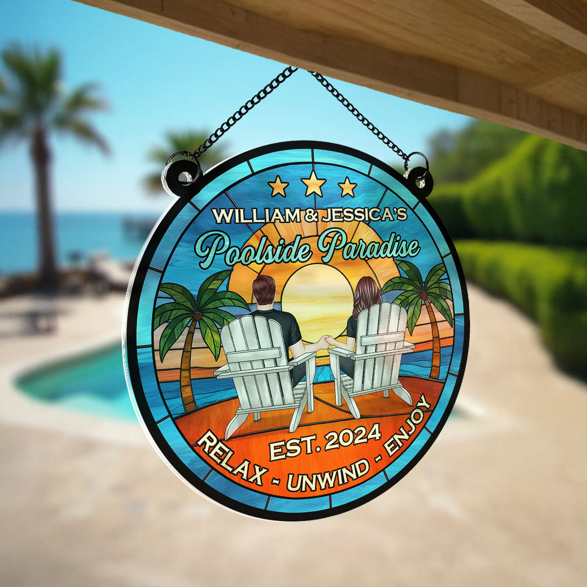 Couple Poolside Backyard Paradise Personalized Acrylic Suncatcher