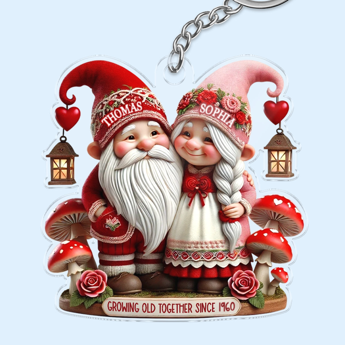 3D Effect Valentine's Gnome Couple Personalized Acrylic Keychain,  Gift For Him, For Her, Husband, Wife