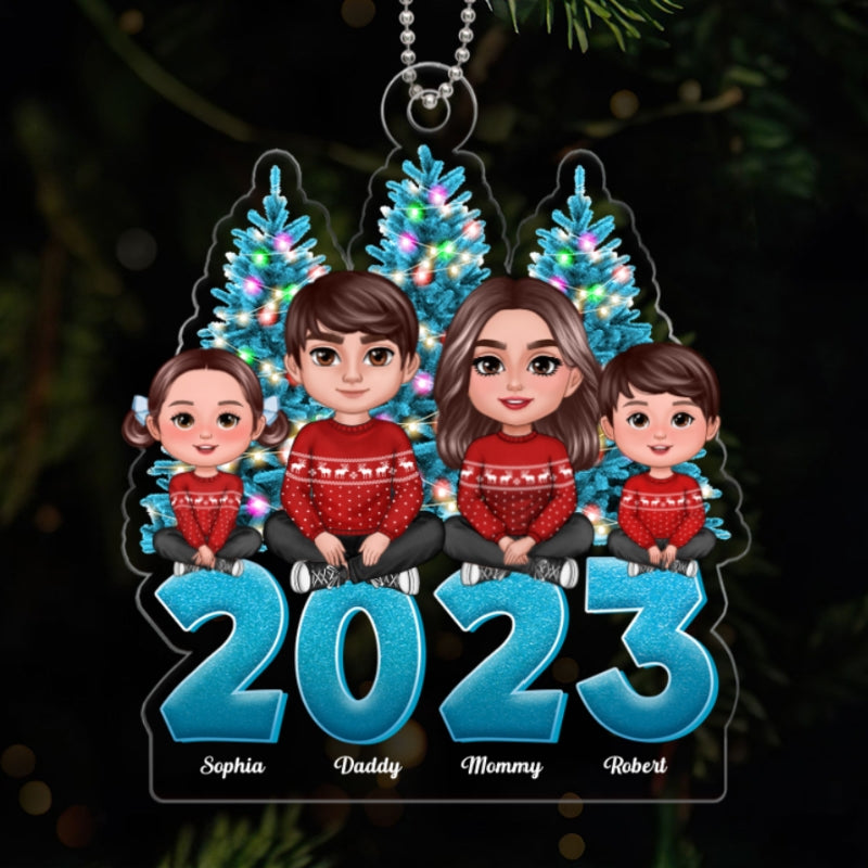 Family Crossed Legs Sitting Christmas Tree Blue Themed 2023 Dad Mom Kids Dogs Cats Personalized Acrylic Ornament