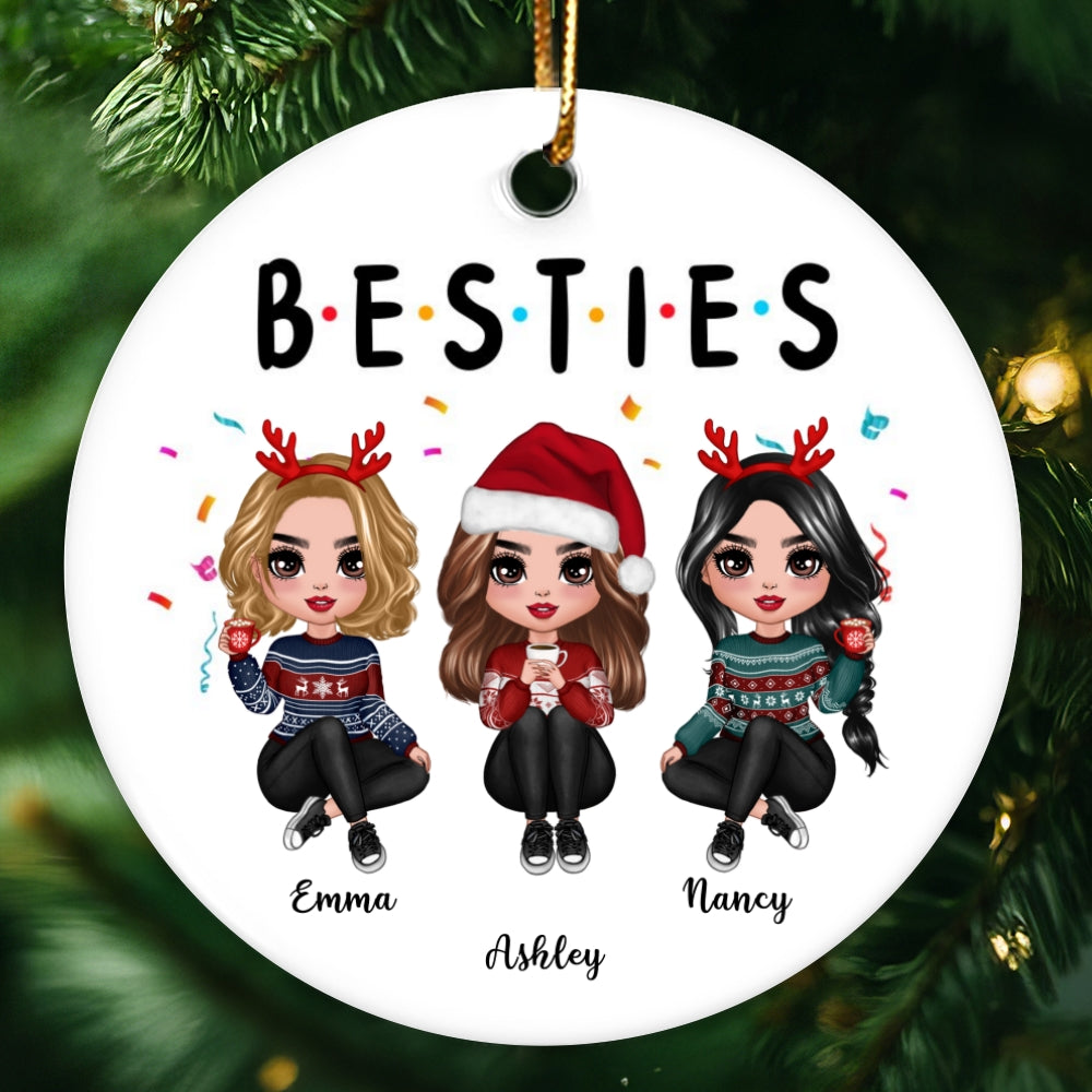 Christmas Confetti Doll Besties Sitting Personalized Circle Ornament